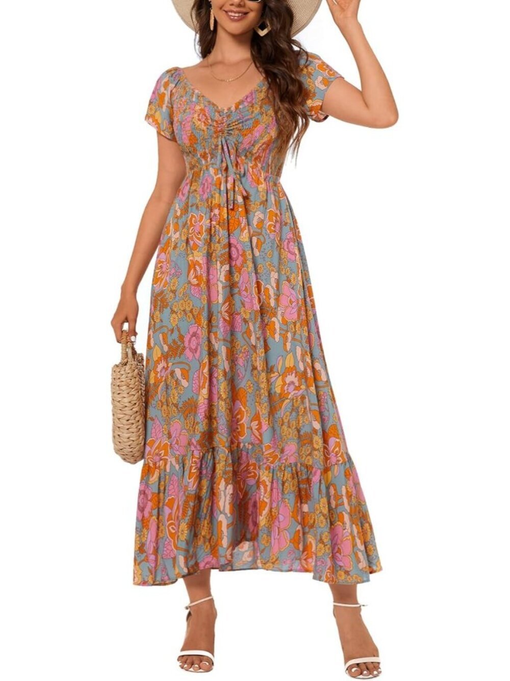 Women's Floral Grey Green Flowy Ruffled Beach Short Lightweight Maxi Dress